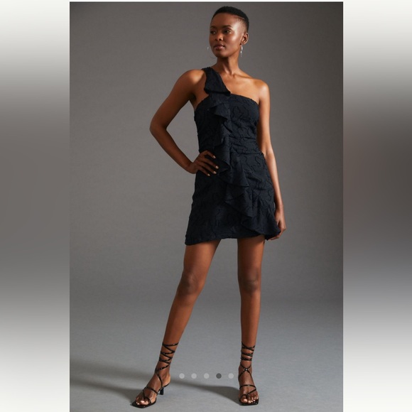 Anthropologie Ruffled One Shoulder Textured Mini Dress Black size 8